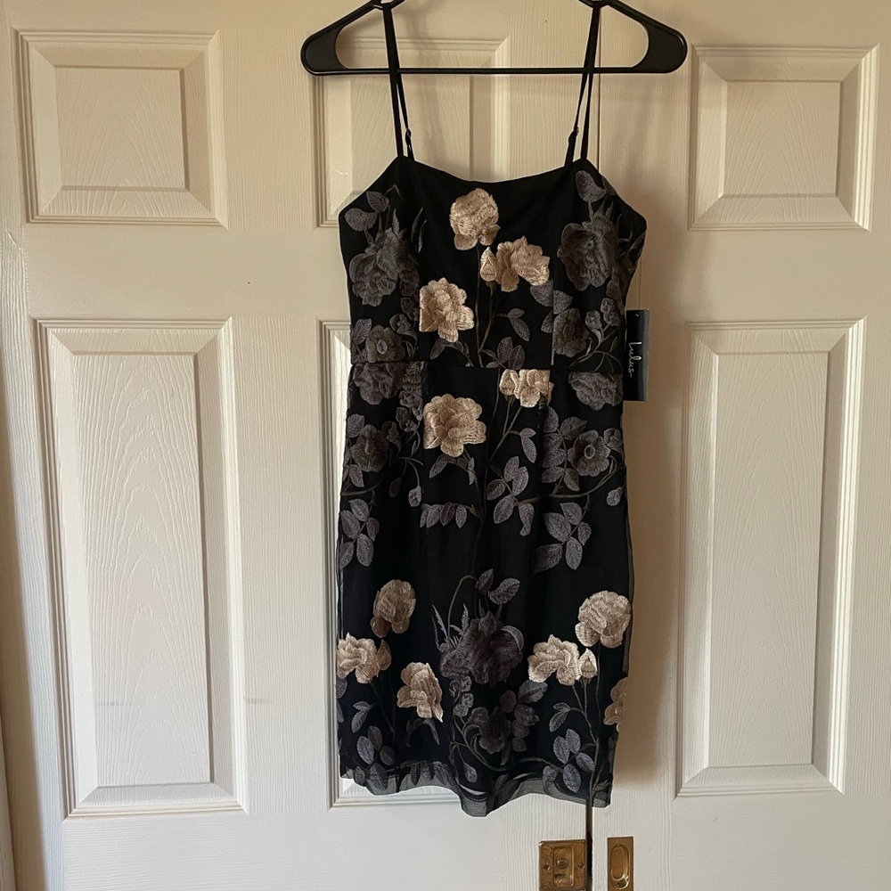Lulus floral embroidered mesh overlay mini dress, size s, NWT